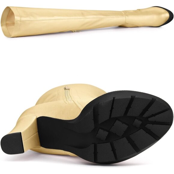 Women's Gold Platform Boots Chunky Heel Over Knee High Rounded Toe Long Boots - Picture 5 of 6